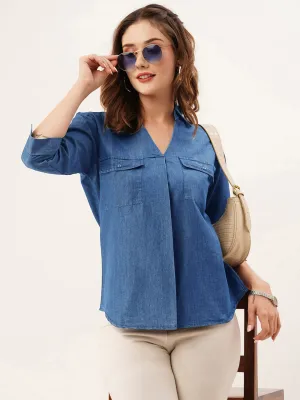 ZOLA Collar Neck Solid 3/4th Sleeves Stone Blue Color Straight Denim Top For Women