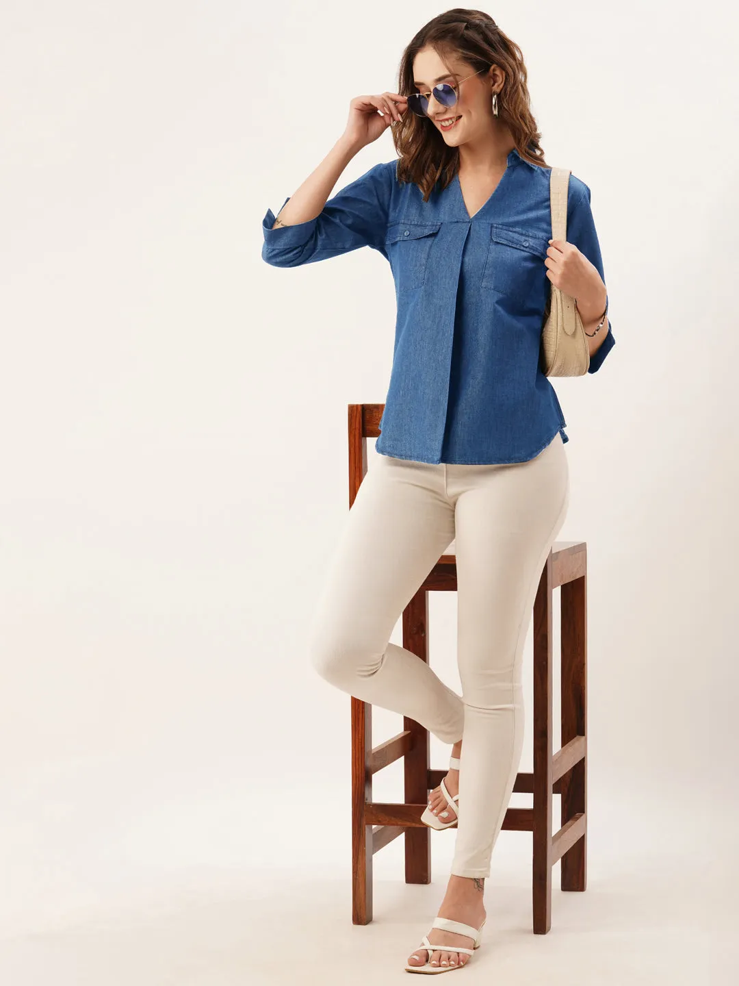 ZOLA Collar Neck Solid 3/4th Sleeves Stone Blue Color Straight Denim Top For Women