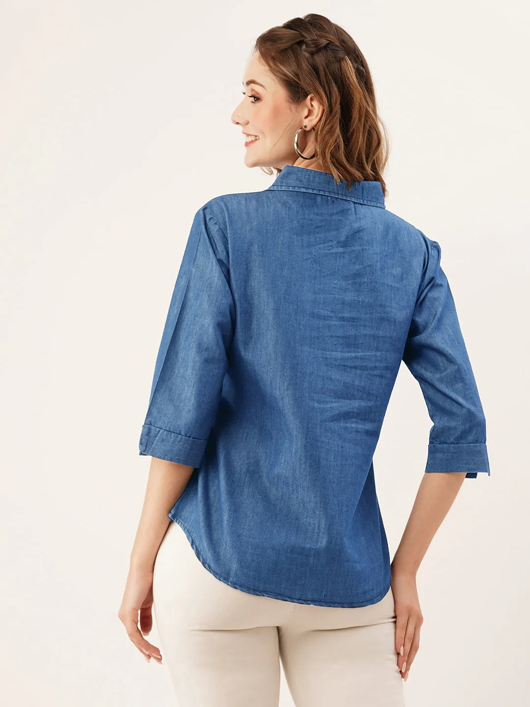 ZOLA Collar Neck Solid 3/4th Sleeves Stone Blue Color Straight Denim Top For Women